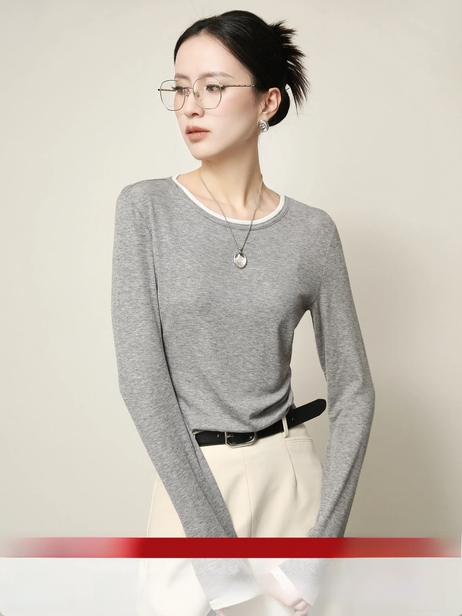 

XUS mat Sle Woolen Knitted Long Sve round Ne Women's T-irt Patchwork Casual Loose Fit Regular Length Spring