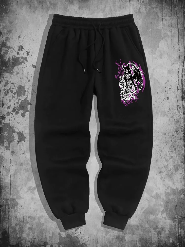 

Geometric Pattern, Men's Gothic Style Y2k Demon Girl Print Casual Sports Pants Stretch Drawstring Belt, Autumn and Winter Season