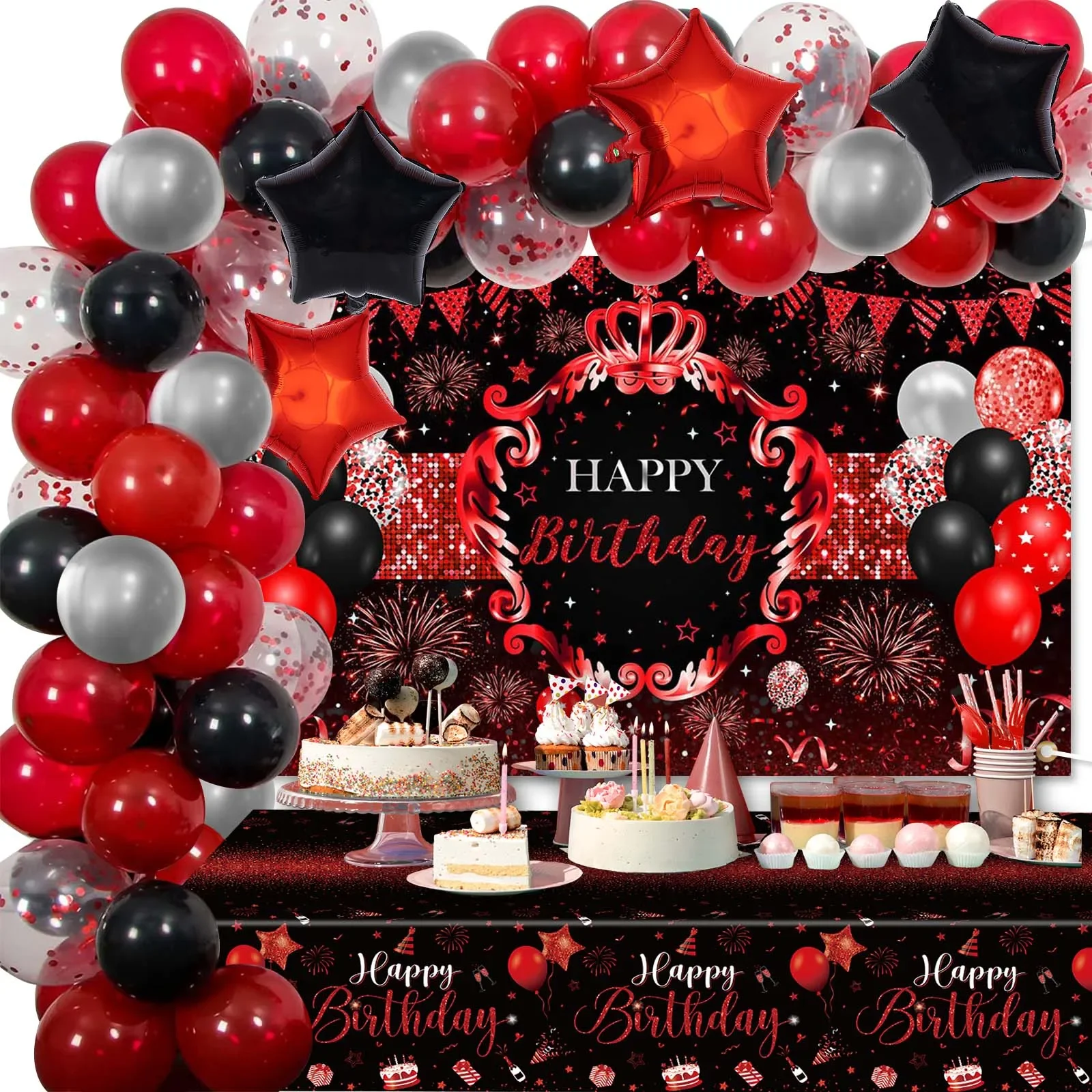 Glitter Red Birthday Background Balloon Decor for Girl Bachelorette Party Crown Fireworks Party Set Backdrop Tablecloth Supplies