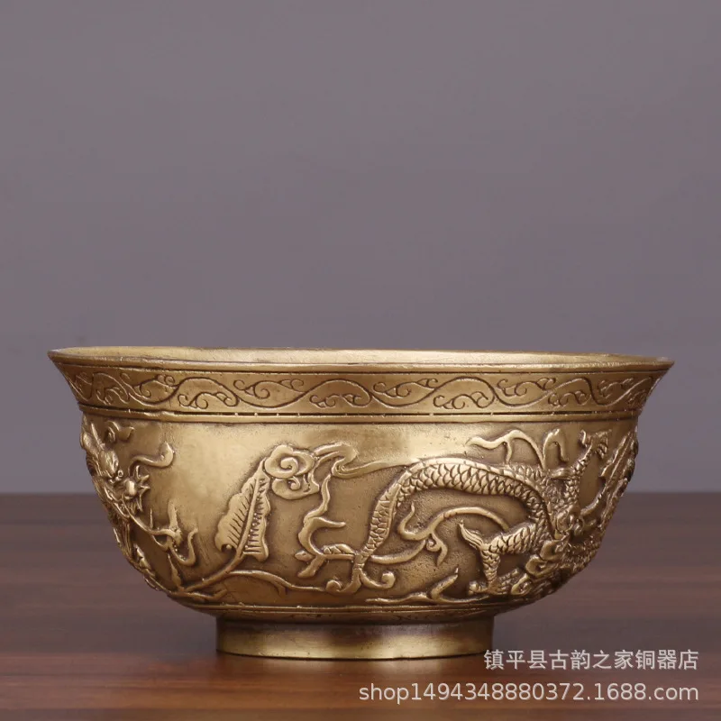 Pure Copper Double and Phoenix Brass Bowl Carved Dragon Ornament Copperware Craft Fortune Character