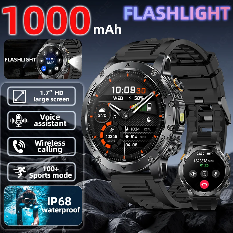 

LIGE новые уличные военные умные часы для мужчин, аккумулятор 1000 мАч, светодиодный фонарик IP68, водонепроницаемые, пульсометр, спортивные, фитнес-умные часы