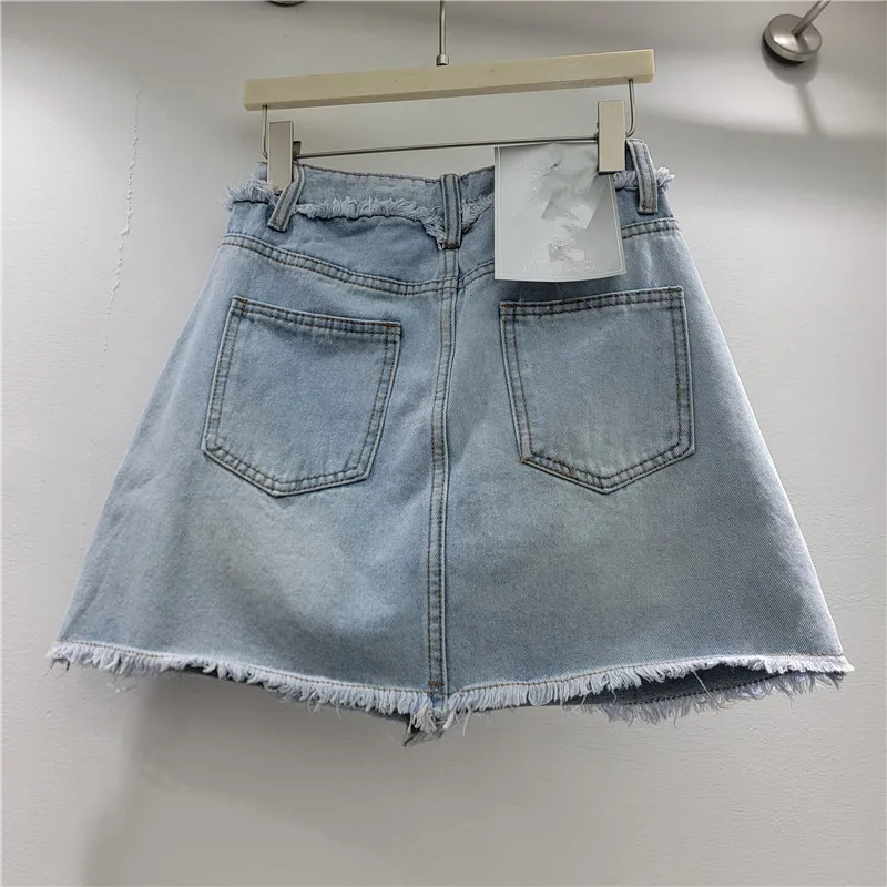 HKSH Women Short Denim Skirt Embroidered Rose Flower Metal Buttoned A-line Slimming Retro High Street Chic Skirts Summer HK22296