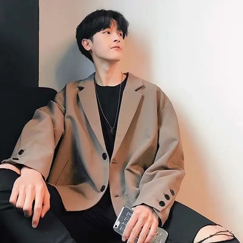 

Retro Loose Men's Suit Jaet Spring Autumn Korean Sle Chic Simple Casual Long Sve Thin Pure Color Flat Collar Button Decor