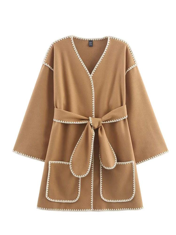 HH femmes automne mode col en v coquille artisanat ceinture laine veste femme polyvalent haute rue décontracté poche manteau décoratif