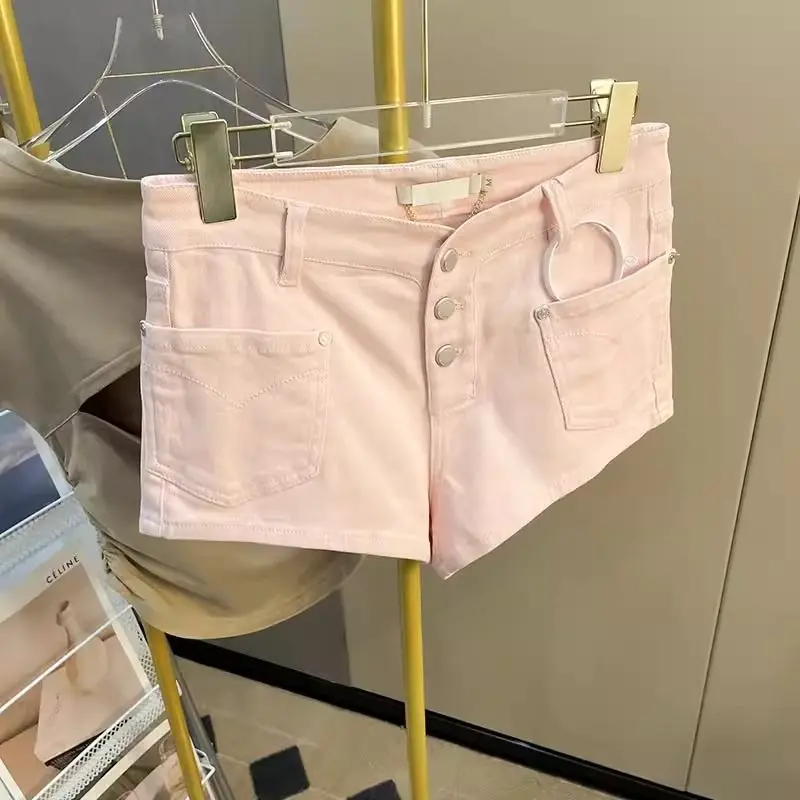 y2k pink denim shorts women's summer new design button slim hot pants