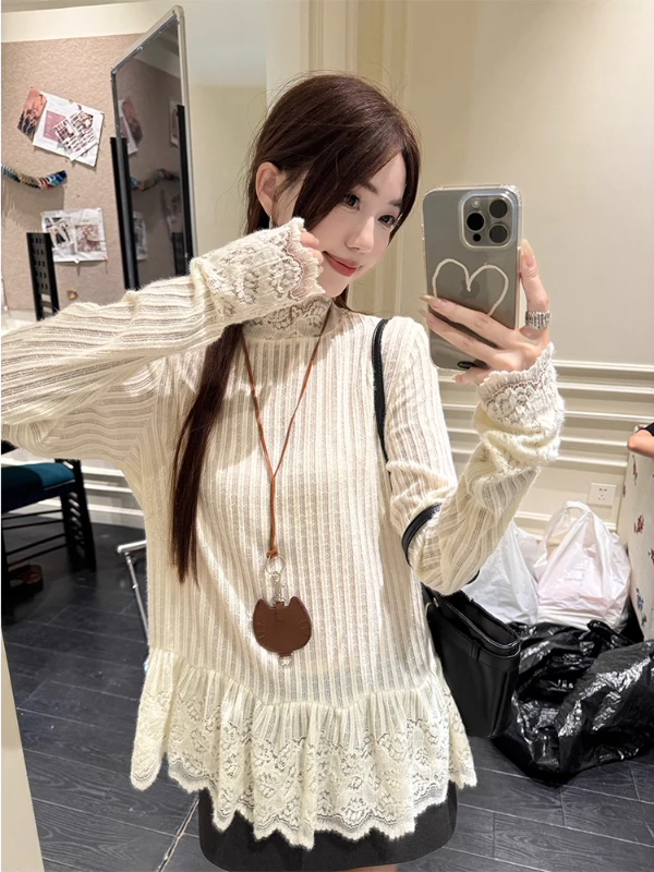 

plus Size Women's Lace Embroidery Trim Base irt Loose Long Sve Inner Wear T-irt Autumn Faion Commute Sle Korean Ve...