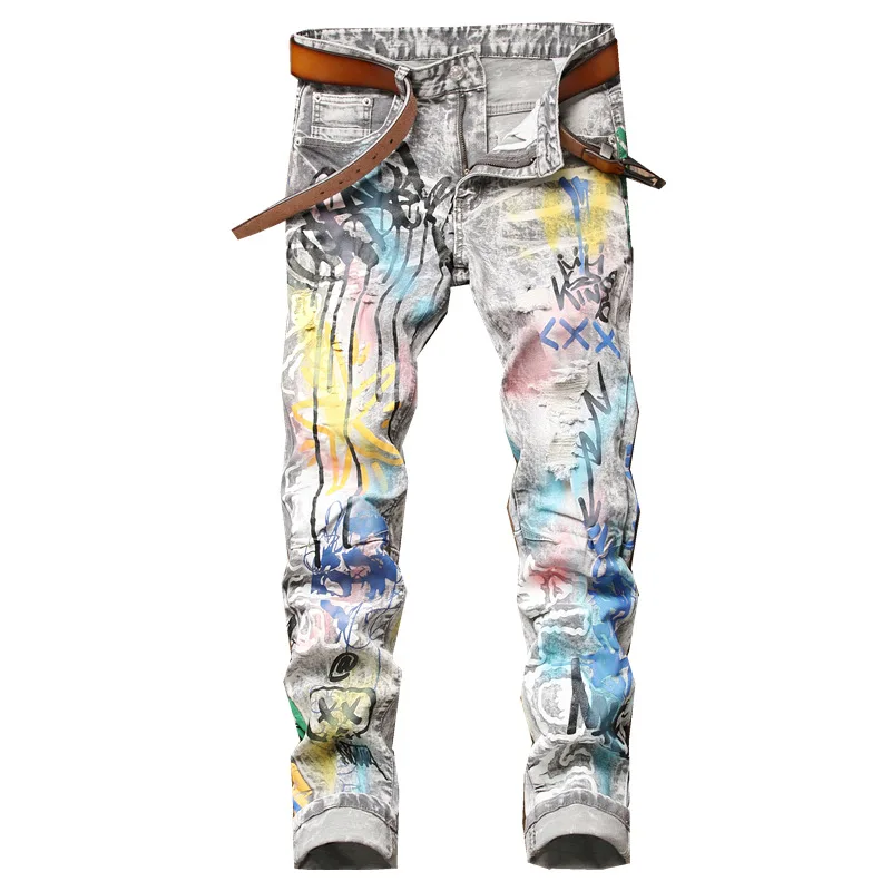 2021 Men's Fashion Splash Ink Colorful  Printed Jeans Men Streetwear Cotton Denim Pants Slim Male Casual Jean Pantalon Hombre