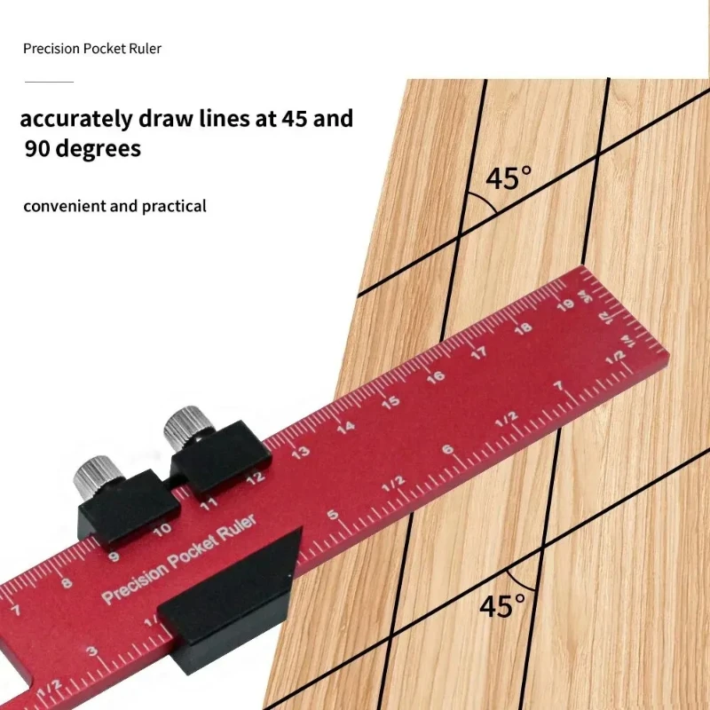 Precision Pocket Ruler - Woodworking T-Type Ruler Scribing Square Measuring Tools with Slide Stops ,Inch and Metric Indicators