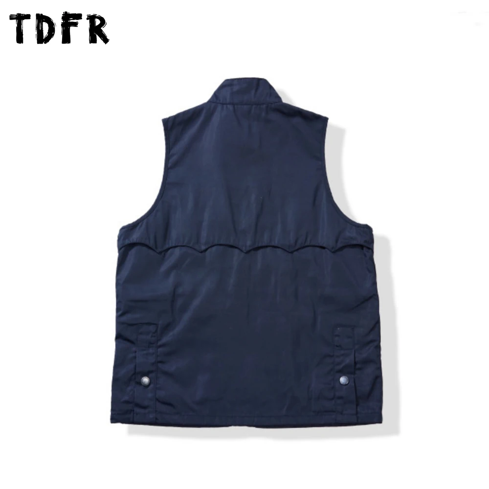 Solid Color Spliced Cargo Vest Mens Multi-Pocket Autumn Retro Safari Style Stand Collar Sleeveless Vest Man