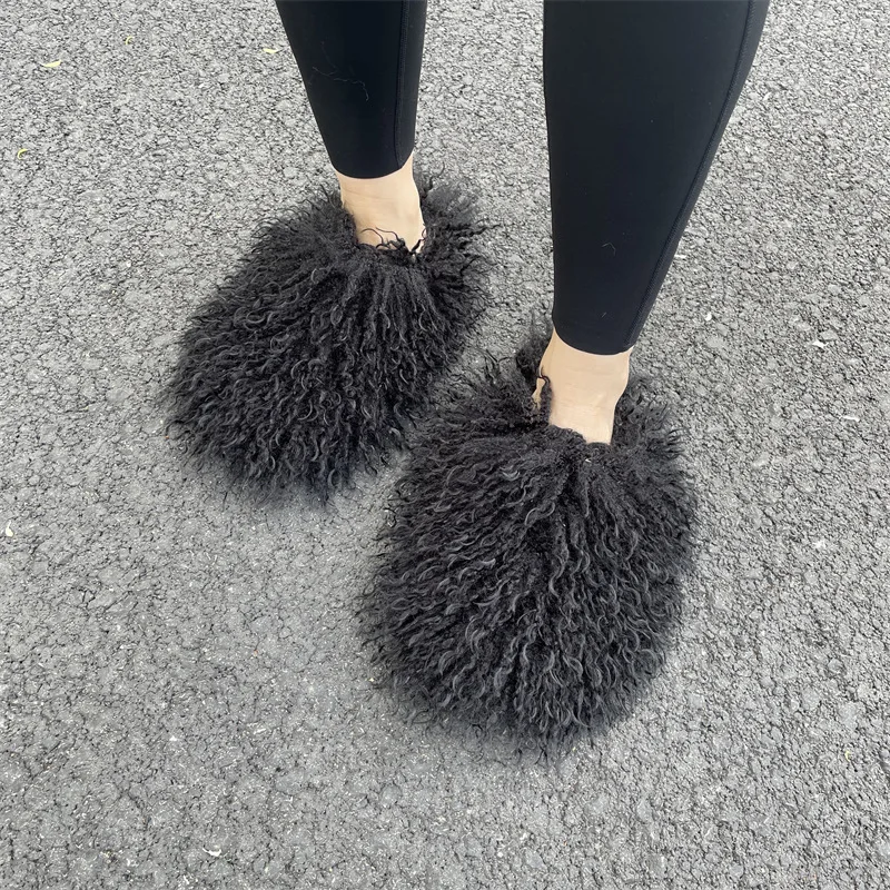 Women\'s New Winter Imitation Sheep Plush Slippers Fashionable Round Headed Imitation Mongolian Plush Slippers Women\'s Flat Shoes