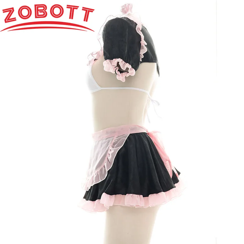 Hollow Out Lace Maid Uniform Backless Mesh Chiffon Dress Anime Cosplay Sailor Costumes Cute Black Pink Sexy Lingerie Set