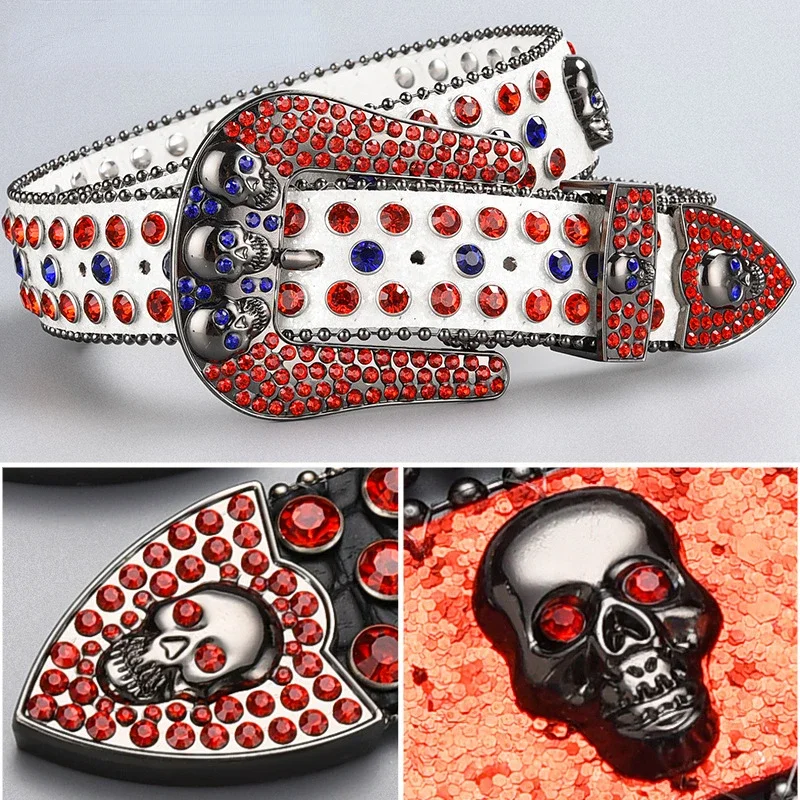 

Trendy Dark Skull Rhinestone Inlaid Belt Unisex Advanced Diamond Punk Pin Buckle Clothing Accessories Luxury Designer Bb Belt