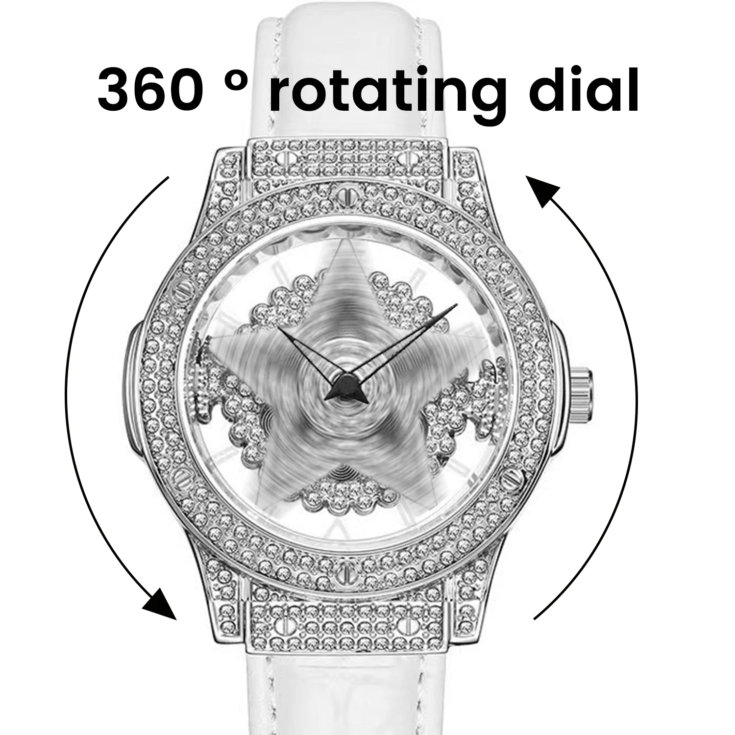 ساعة كوارتز نسائية مستوحاة مرصعة بالألماس المتلألئ، ساعة نسائية أنيقة بحزام جلدي أبيض