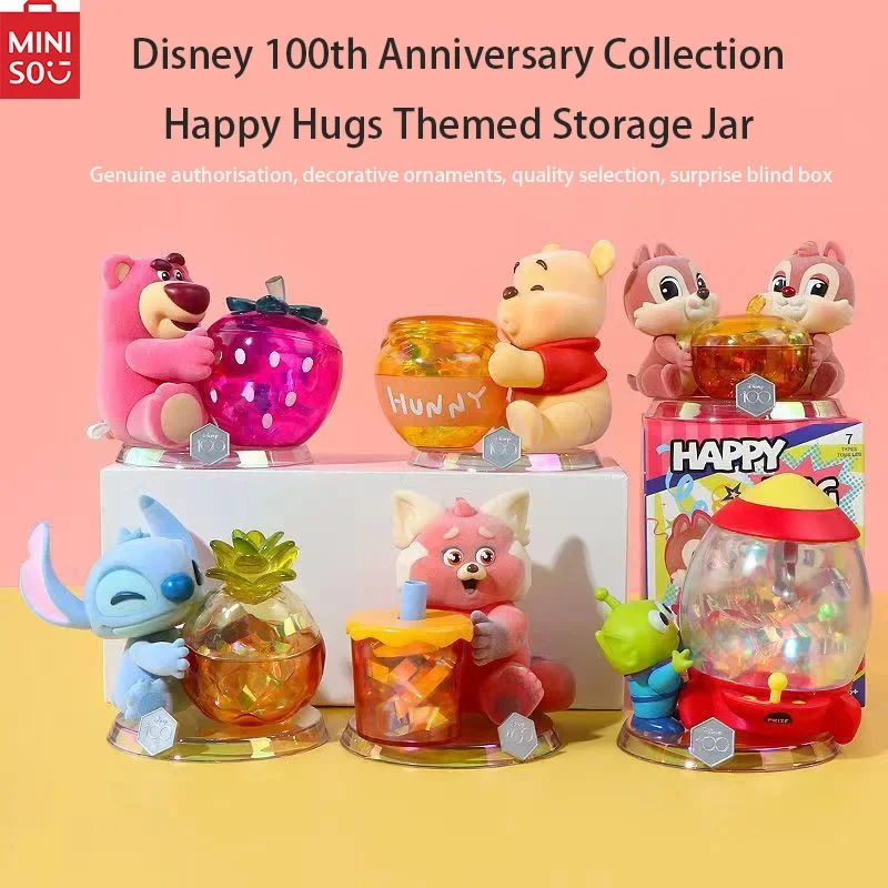 

MINISO Disney Strawberry Bear Winnie the Pooh Stitch Three Eyes Happy Hugs Theme Storage Jar Tide Play Ornaments Blind Boxes