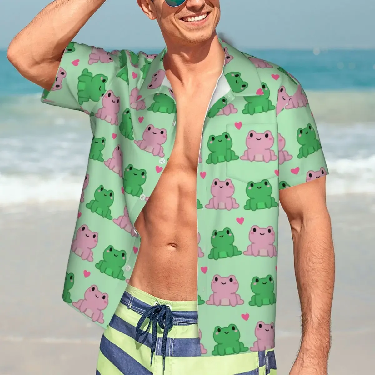 Two Frog Love Heart Cartoon Hawaiian Shirts Fashion Men Short Sleeve Shirt for Summer Beach Men's Button Tops