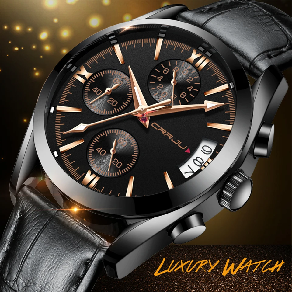 CRRJU Men Watch Fashion Casual Quartz Chronograph with Date Leather Wristwatch for Male