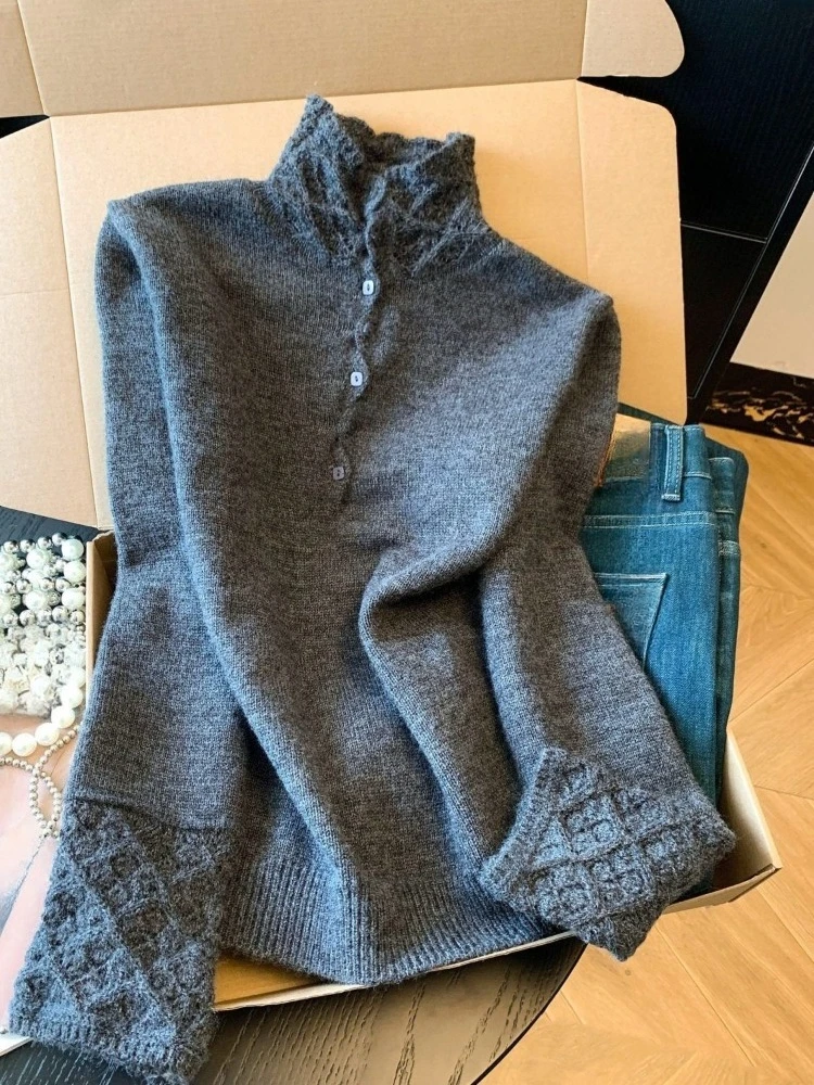 Kimutomo Knitted Sweater Pullover Women Autumn New Fashion Vintage Button Hollow Out Elegant Female Basic Jumper Stretch Casual