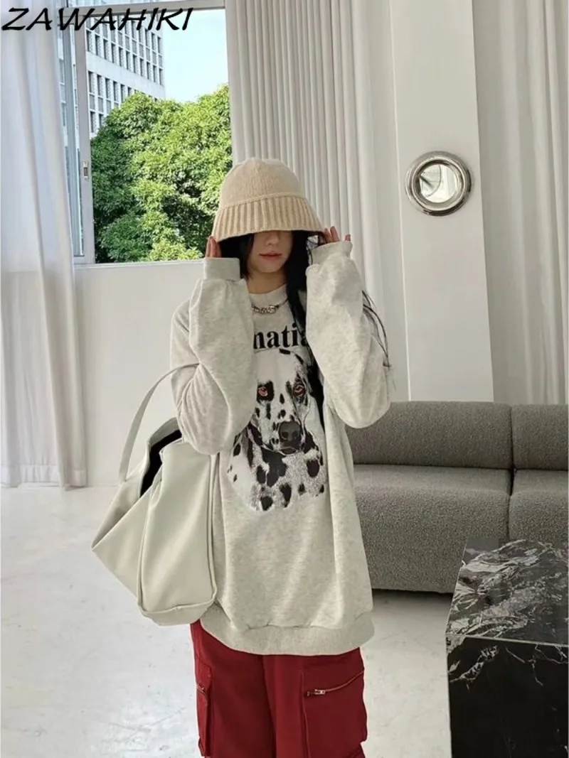 

ZAWAHIKI Sweatshirt Women Fall Winter O-neck Loose Fashion Korean All Match Casual Letter Dog Print Pullover Chic Streetwear