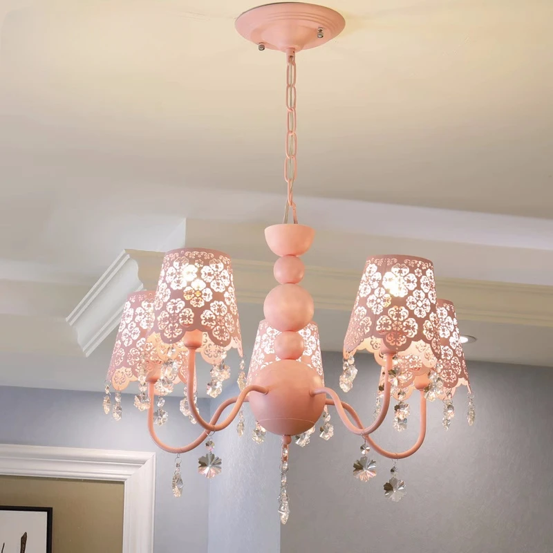 

Modern Bedroom Warm Romantic Princess Crystal pendant lamp Pink chandelier kids room hanging light Led wedding lighting