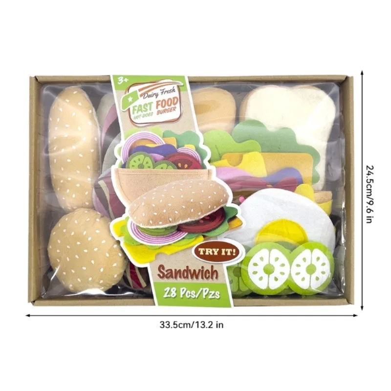 28PCS Felt Food Burger Sandwich Food Set Children Pretend to Play Food Sandwich Toys Children\'s Kitchen Role Playing Gifts