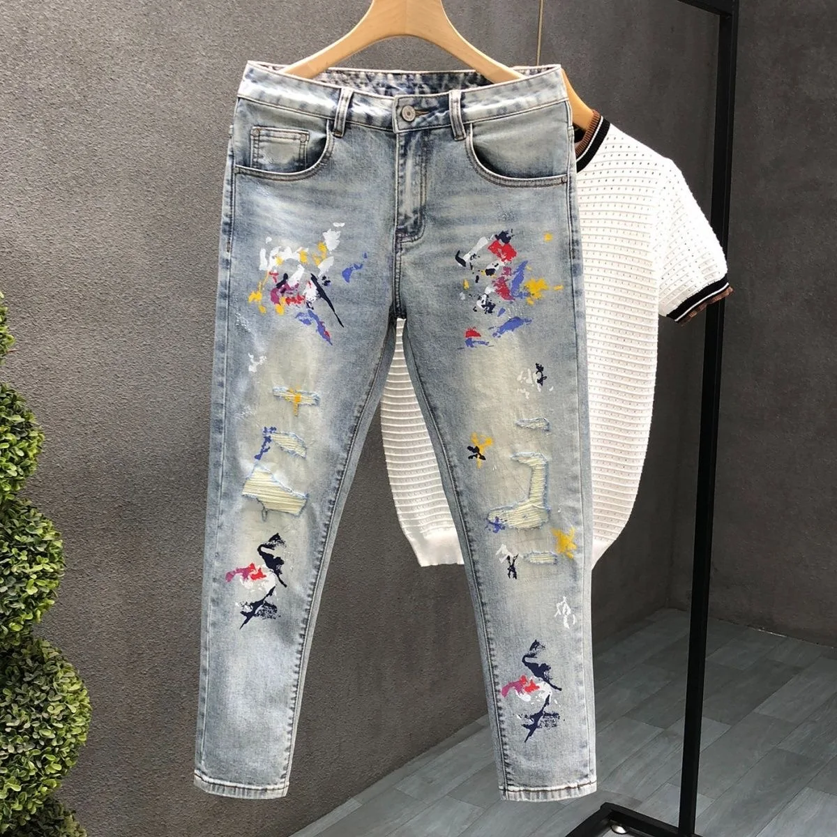 

Spring and Autumn New Fashion Trendy Printed Blue Straight Leg Stretch Jeans Men's Casual Slim Fit Sport High Quality Jeans