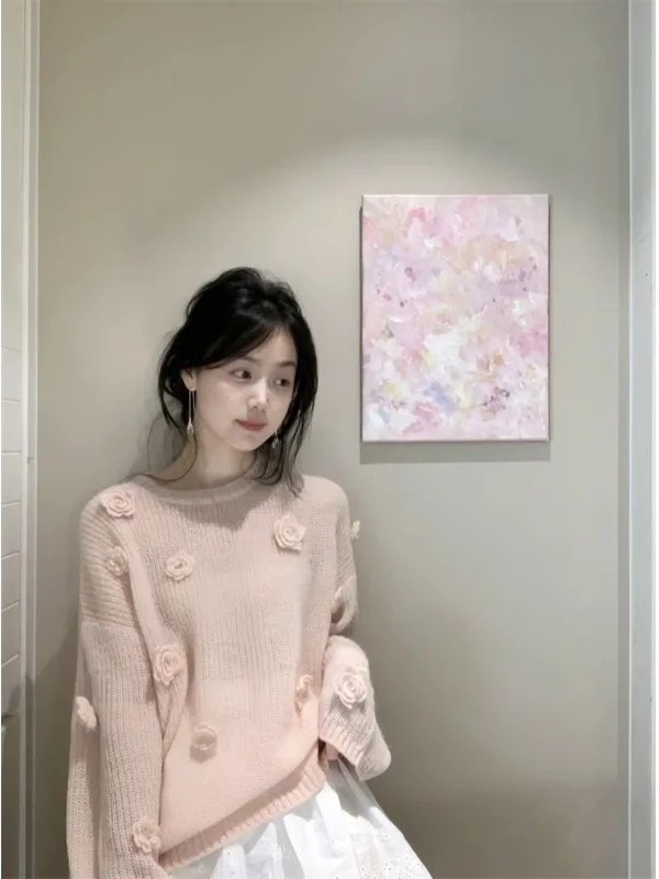 

Sweet Soft Pink 3D Flower Knitted Sweater Women's Spring New Sle Comfortable Anti-Aging Top French Sle Loose Fit Long Sve
