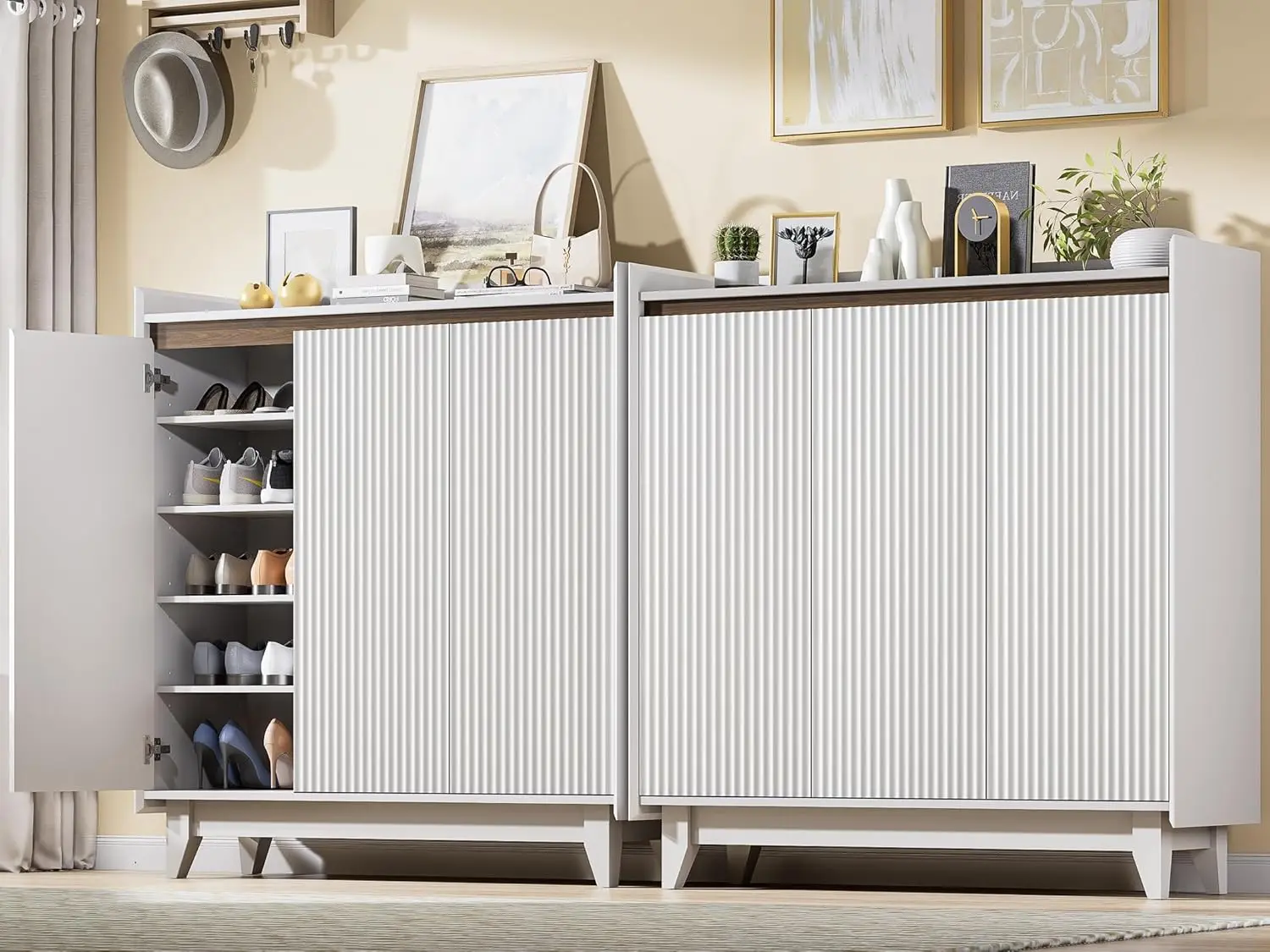 

Large Shoe Storage Cabinet Set of 2, 43.7" Tall Shoe Cabinet, Fluted White Shoe Storage for Entryway, 6-Tier Farmhouse