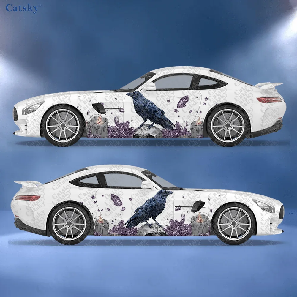 2pcs Amethyst Skull Raven Car Side Wraps, Self-Adhesive PVC Waterproof & Scratch-Resistant Stickers, Car Accessory Gift