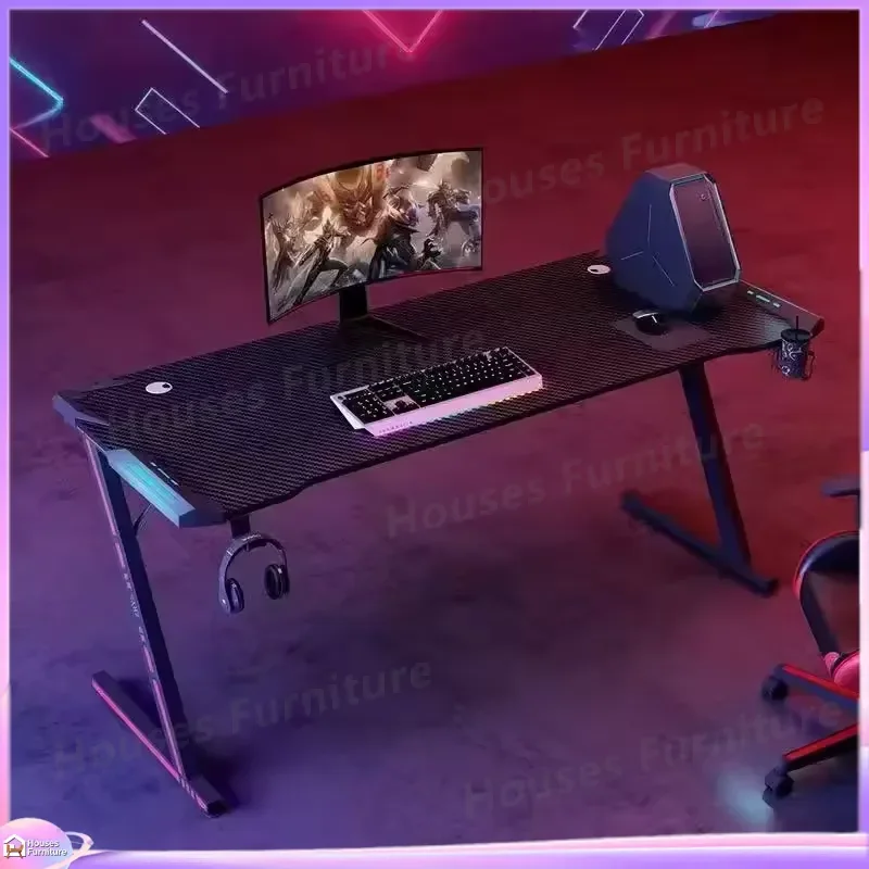 Z Shaped Gaming Desk Computer Table with RGB Lighting Cup Holder Carbon Fiber Texture Ergonomic Design for Esports Gamers