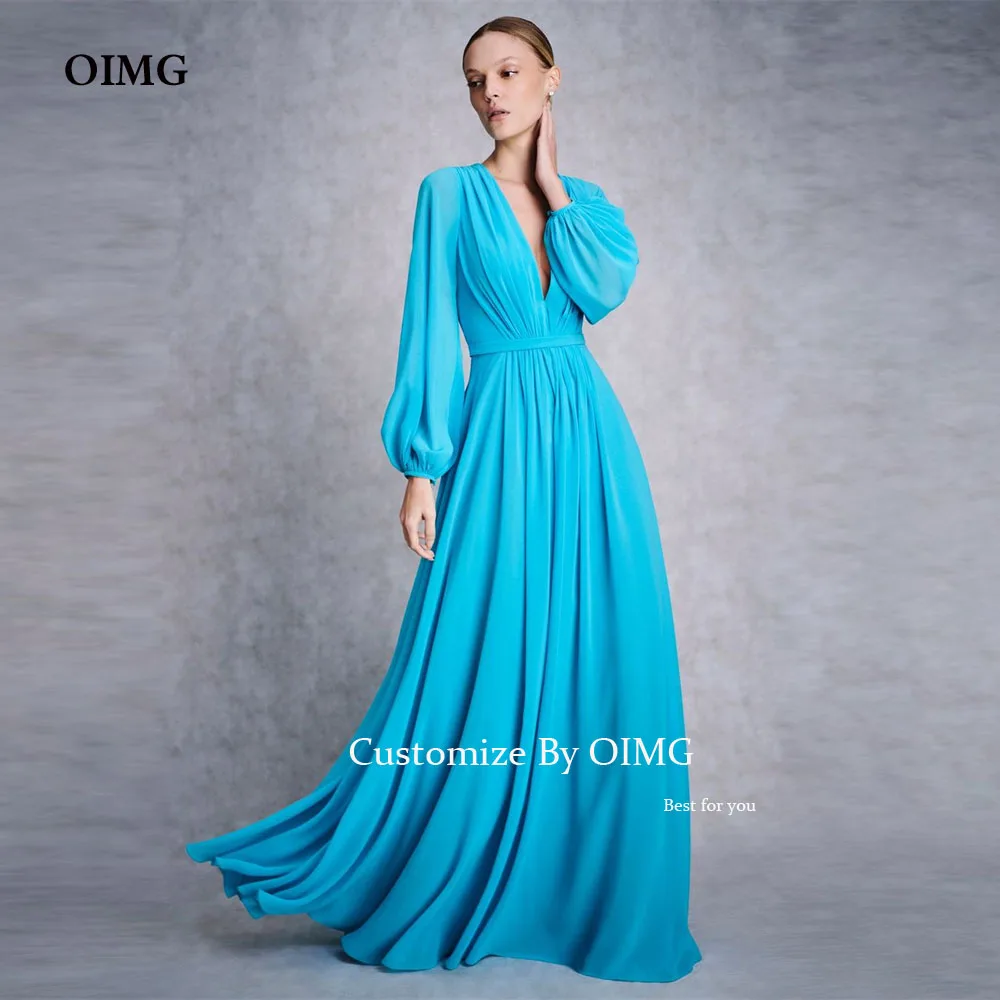 

OIMG Simple Modest Sky Blue Chiffon Evening Dresses Long Sleeves V Neck Floor Length Vintage Formal Party Prom Gowns Occasion