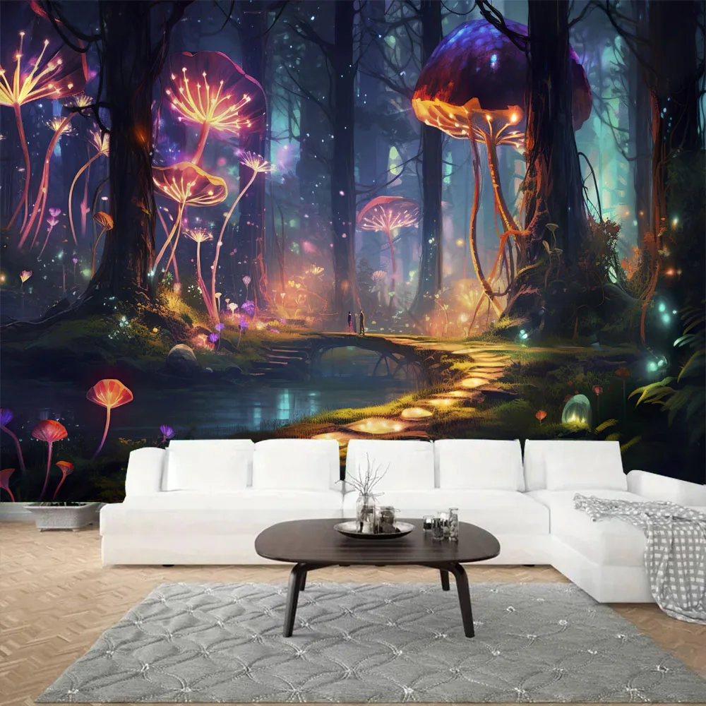 

Fairy Tale Forest Tapestry Wall Hanging psychedelic Mushroom Background Poster Home Dormitory Studio Decoration Fabric Mural