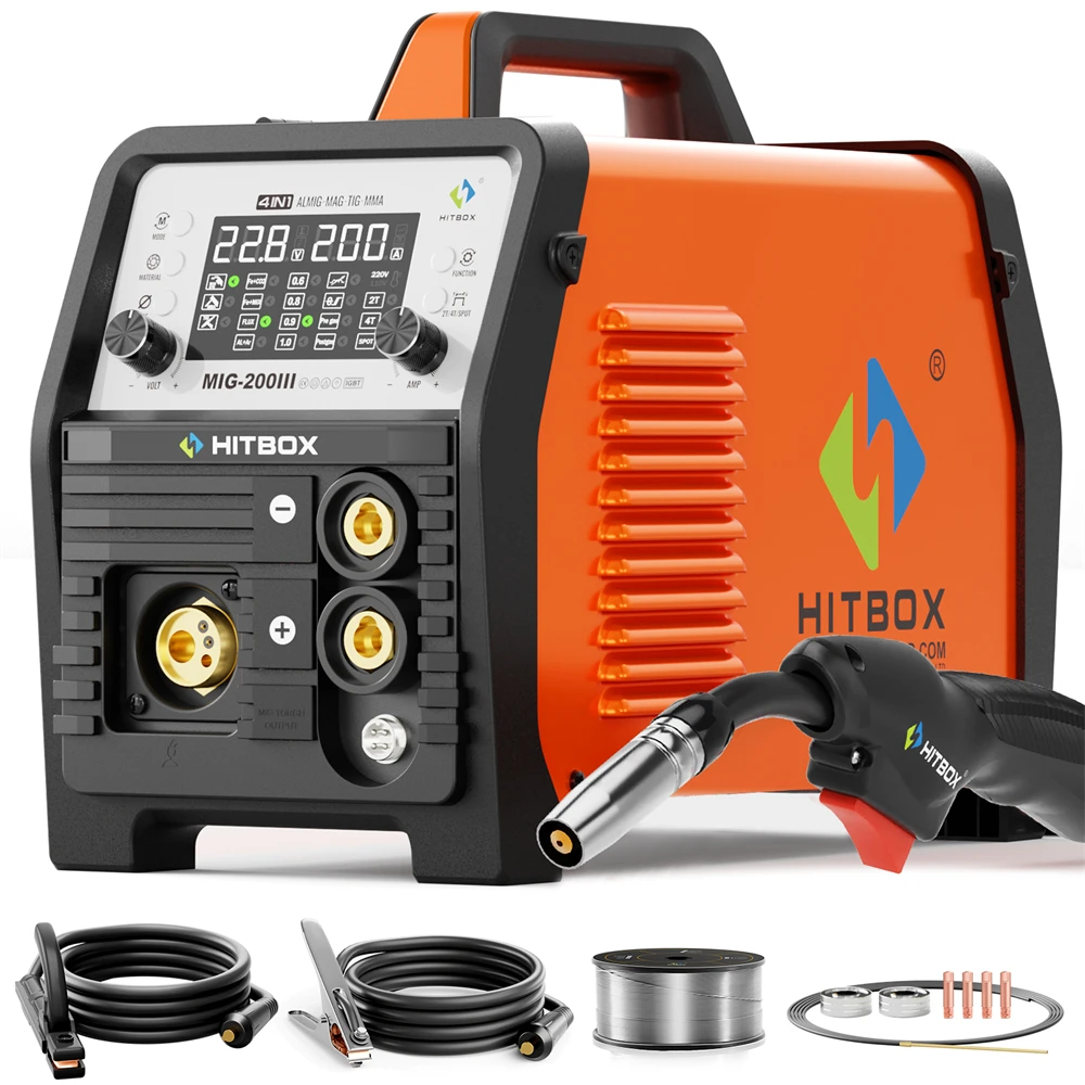 Machine à souder HITBOX MIG 220V 200 Ampères 7 en 1, soudeuse ARC MMA sans gaz/à gaz, TIG Lift, soudeuse par points, support pour pistolet à bobine, soudeuse aluminium à impulsions simples, grand écran LED numérique, outil de soudage à onduleur
