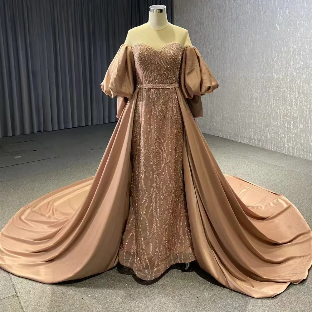 Lantern Sleeve O-Neck Evening Dress With Lace-Up Back And Sequins Customizable Prom Dress