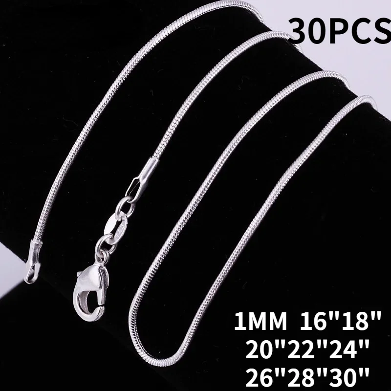 

30PCS/lot 925 Sterling Silver fine 1MM Snake chains necklaces for women men Fashion party wedding jewelry set gift