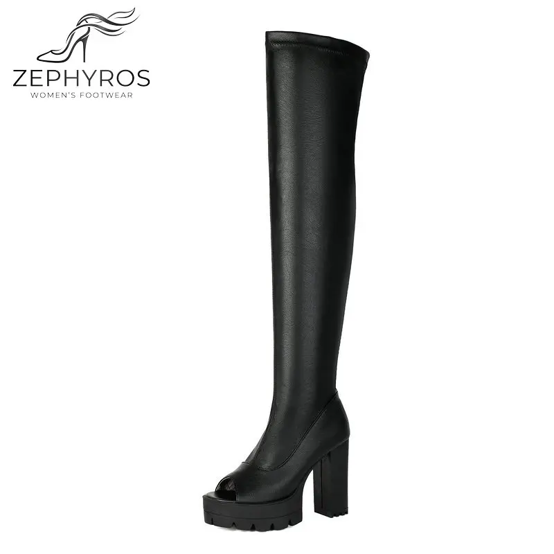 

Женские черные сапоги-ботфорты с открытым носком на платформе, на массивном каблуке, эластичные, выше колена, сексуальные, для вечеринок