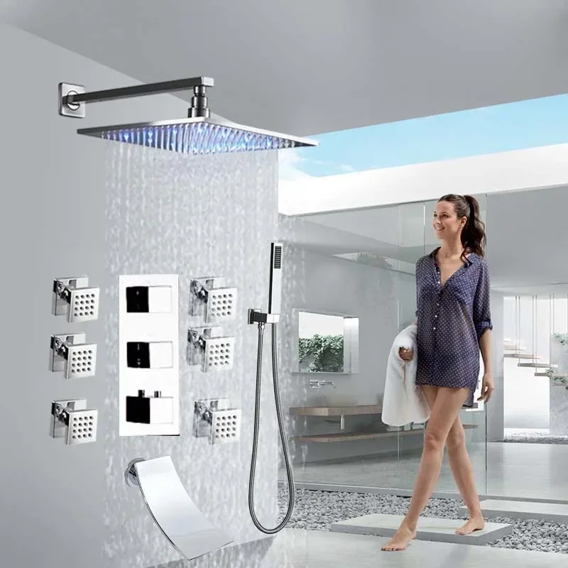 Luxury 16 inch Rainfall Shower Faucet Set Wall Mounted Bath Shower Waterfall LED Light Mixer Tap Body Massage Jet Shower Head