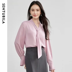 SENTUBILA Women Blouse Chiffon 2026 Spring New Office Lady Casual Ribbon V Neck Folds Long Sleeve Pullovers Shirts 151V57907