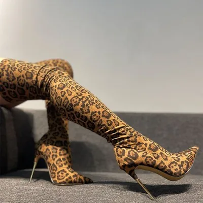 

Women 12cm Metal Stiletto Botas Pointed Toe Sexy Super Shoes High Heel Leopard Print Stretch Boots Zapatos Mujer Big Size 15