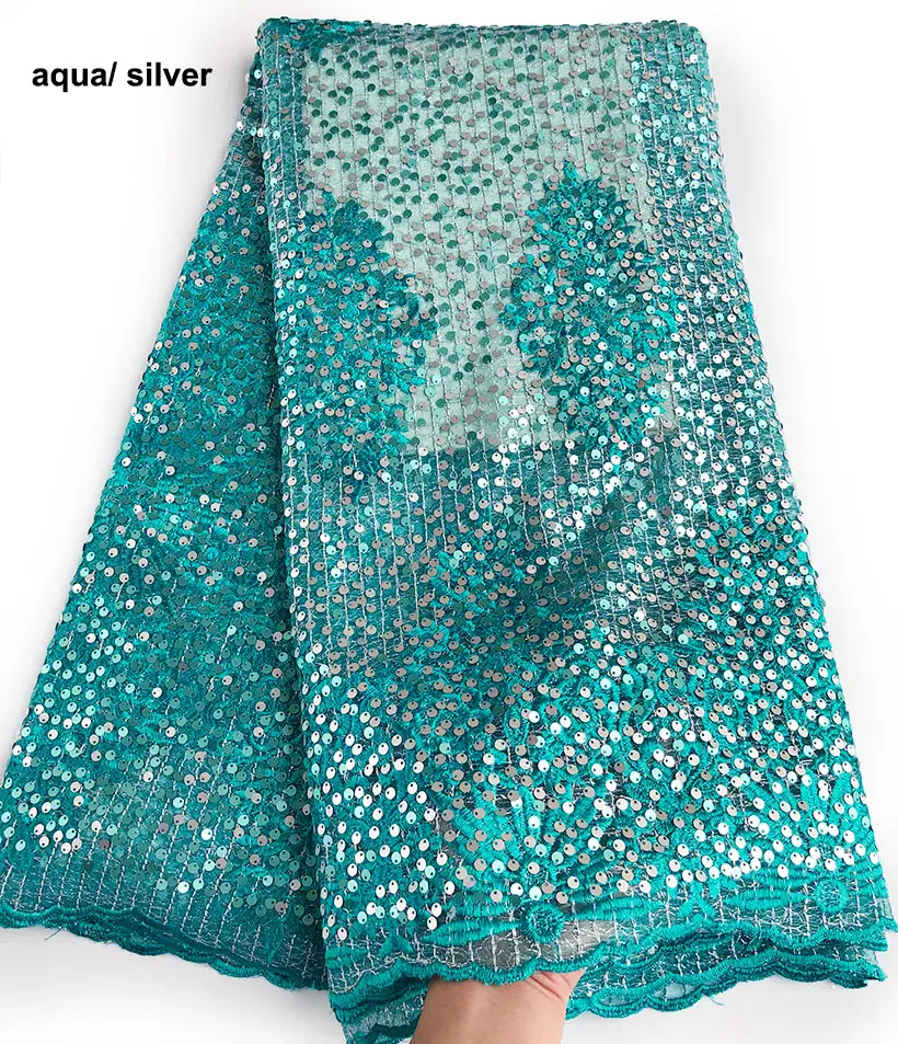 

Aqua Silver dazzling Rich lace super shiny African French lace Nigerian garment clothes fabric with allover sequins 5 yards Soft