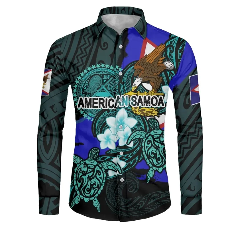 New 3D Print Polynesia Tribe Graphic Hawaii Shirts Long Sleeve Casual Stand-up Collar Fall Shirt Men's Buttons Up Blouse Clothes