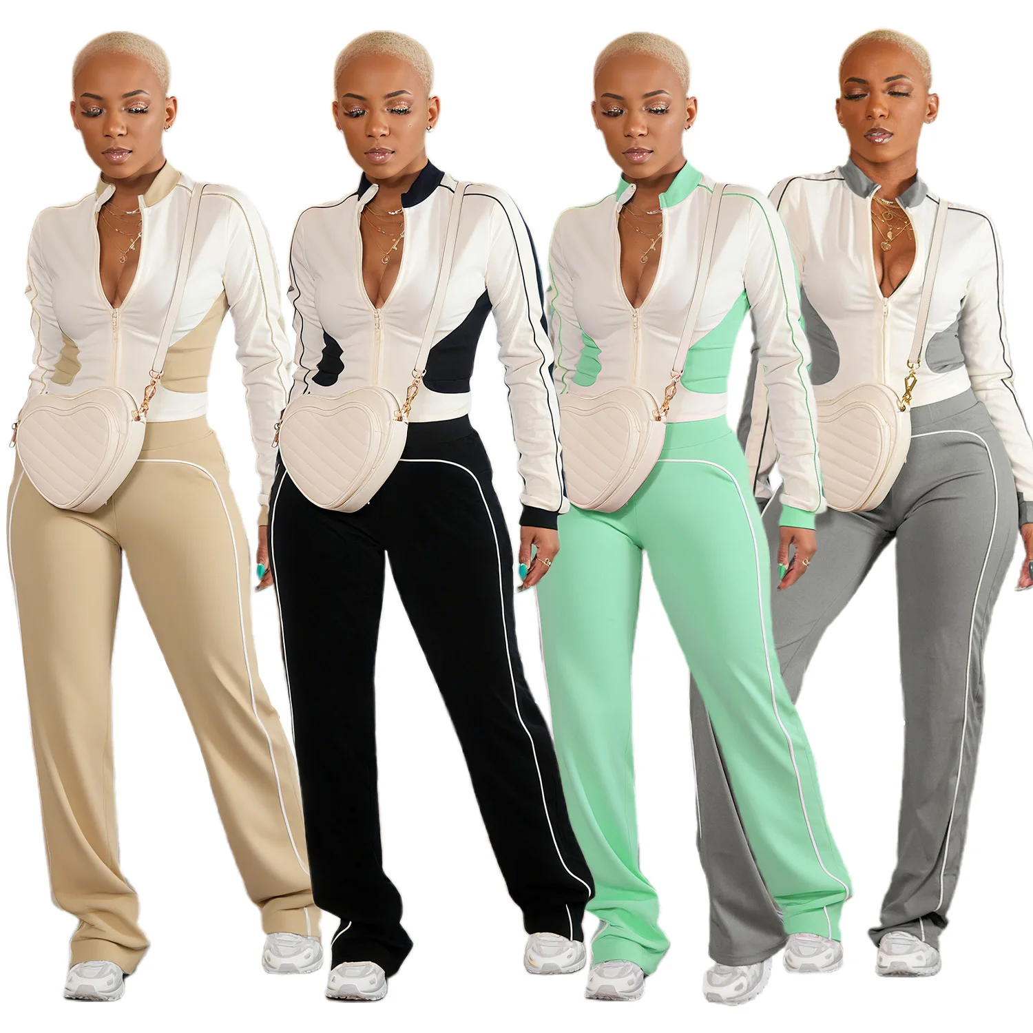 

Pant Set Women Two Piece Sets Zipper Full Sleeve Tops Long Pants High Waist Sports Work Y2k Streetwear Elegant Splice 2025