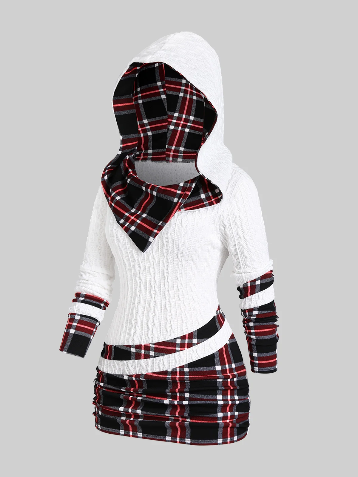 ROSEGAL Plus Size Women's Sweaters Hooded Ruched Plaid Cable Knit Top Female Autumn Patchwork Pullovers Knitwear New