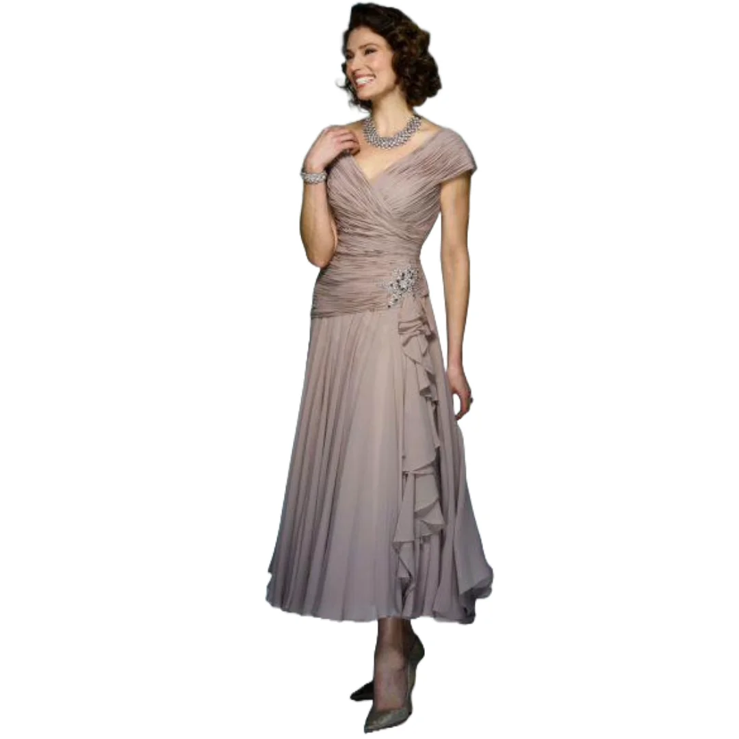 

Mother Of The Bride Dresses with Jacket Cape Vintage Chiffon Pleat Midi A-Line Taupe Women Formal Wedding Party Guest Mom's Gown