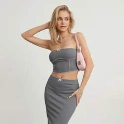 WPNAKS Women Elegant 2 Piece Skirt Sets Summer Clothes Bow Strapless Backless Tube Top with Midi Skirt Sexy Club Streetwear