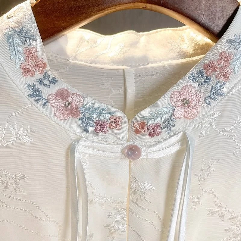 2024 new chinese style white embroidery vintage shirt women spring new zen plate buckle tang suit hanfu long sleeve top w264