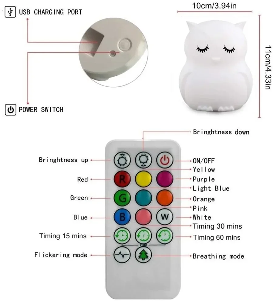 リモコン付きフクロウ型LEDランプ,タッチセンサー,調光可能なタイマー,充電式,子供と赤ちゃん用のベッドサイドランプ