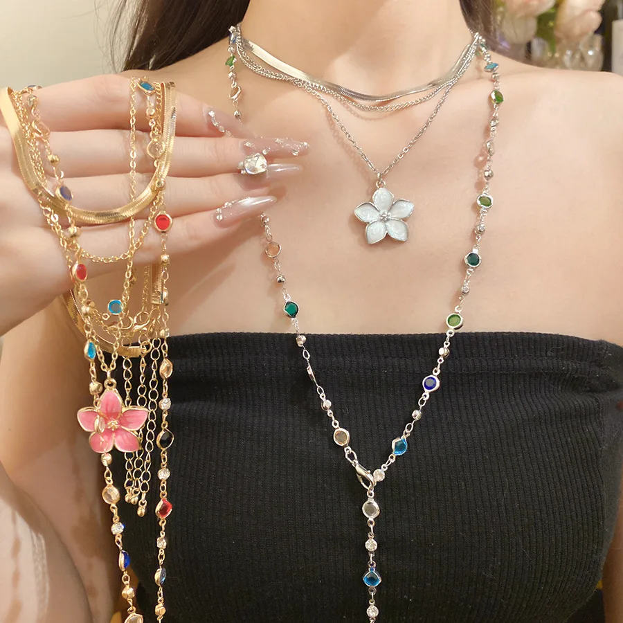 4 Pcs Multi-color Resin Beaded Tassel Chains Necklaces Dripping Oil Flower Pendant Y Choker Necklace Stackable Jewelry Set M