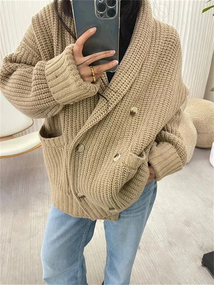 Damski dwurzędowy dzianinowy kardigan z długim rękawem Lazy Loose Solid Color Lady Shawl Collar Sweater Jacket Jesień Zima 2024