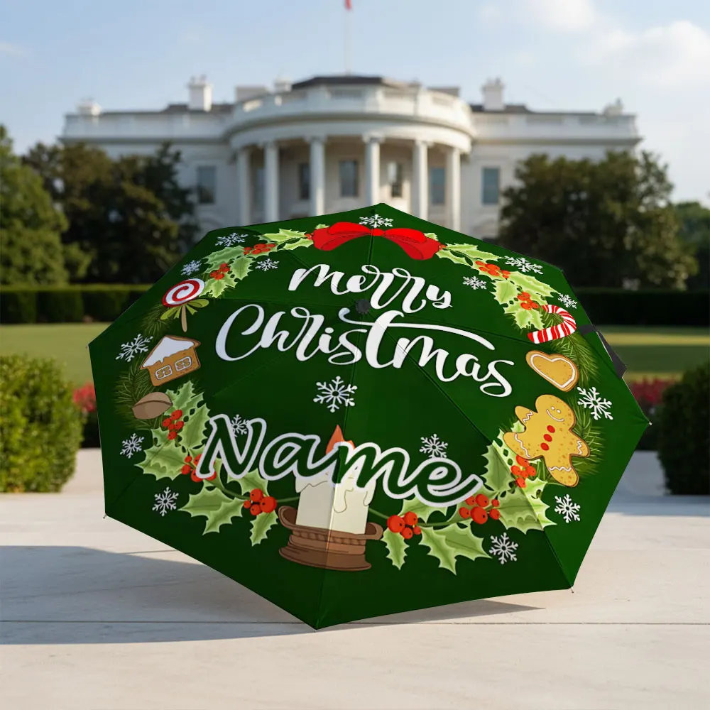 Custom Name Umbrella Christmas Wreath Gingerbread Man Holly Berry Print Folding Umbrella Compact Portable Travel Parasol