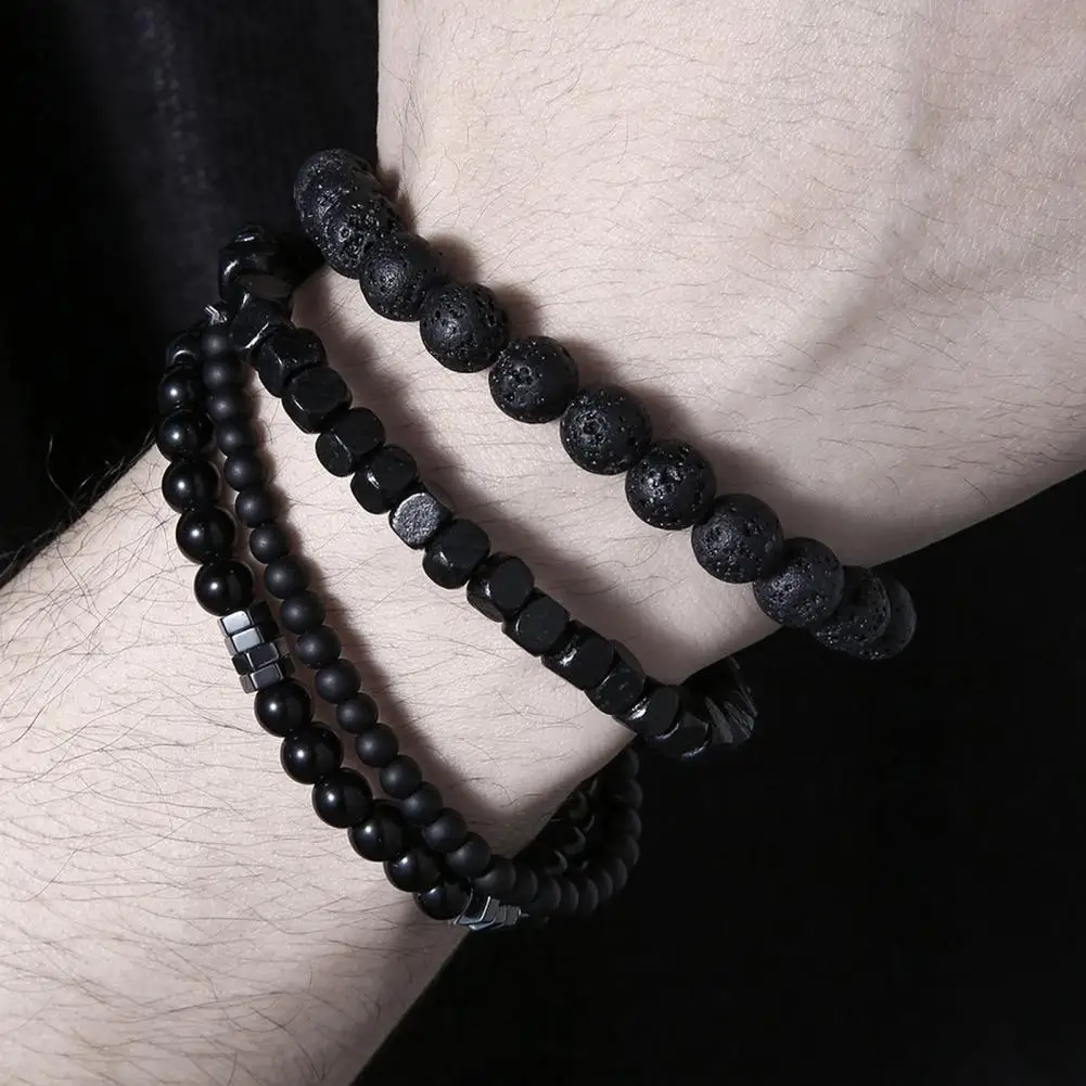 Stretch Bracelet Men's Natural Stone Black Bracelet Set Adjustable Multi-layered Wrist Jewelry for Adults Elastic Rope Stackable